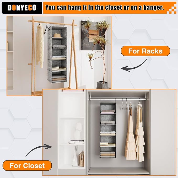 Hanging Closet Organizer 5-Shelf, Oxford Linen Wardrobe Storage, Gray | Easy-mount foldable design holds clothes, handbags, shoes & accessories; washable Oxford fabric, sturdy and space-saving. - Image 5