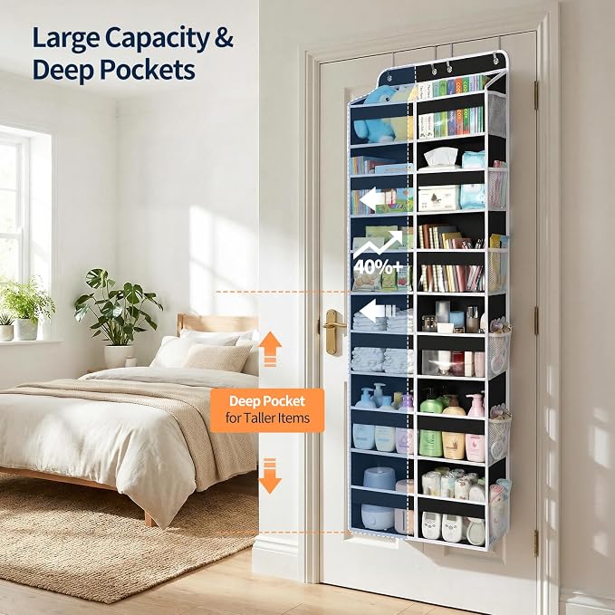 Yecaye 6 Tier Over The Door Organizer, Door Organizer with 12 Compartments | 20" W, Extra Large Behind Door Storage With 12 Side Pockets, 80lbs Heavy Duty, Clear Window, for Closet Bedroom Pantry, Black - Image 5
