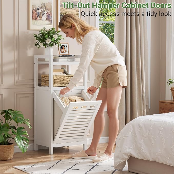 Homykic Tilt Out Laundry Hamper Cabinet, 10 Gal Bamboo Laundry Organizer - Image 3