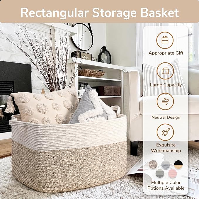 Goodpick 85L Large Woven Rope Blanket Basket, White & Light Brown - Image 7