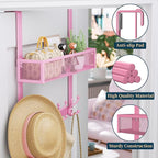 Consumest Over The Door Hooks Organizer - 2 Tier Over Door Hanger with 16 Hooks & 2 Baskets for Hanging Coat, Clothing, Towel, Back Storage for Bathroom, Closet, College Dorm, Pink - Image 3