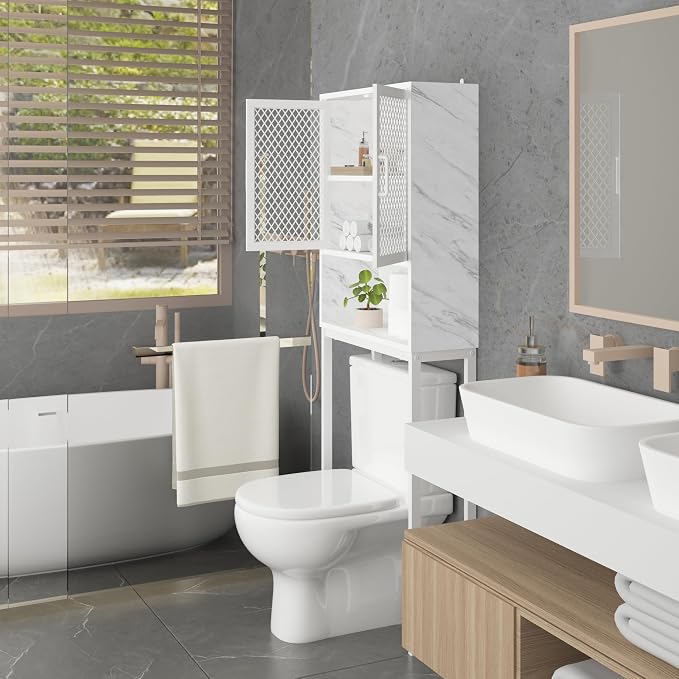 Launica Over the Toilet Storage Cabinet, Over Toilet Bathroom Organizer with Mesh Doors and Shelves, Freestanding Bathroom Storage Cabinet Above Toilet, Wood and Marble, White Marble - Image 6
