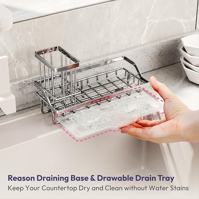 SWTYMIKI Kitchen Sink Caddy Sponge Holder, Kitchen Sink Organzier and Storage with High Brush Holder and Drip Tray for Dish Sponges, Silver - Image 5