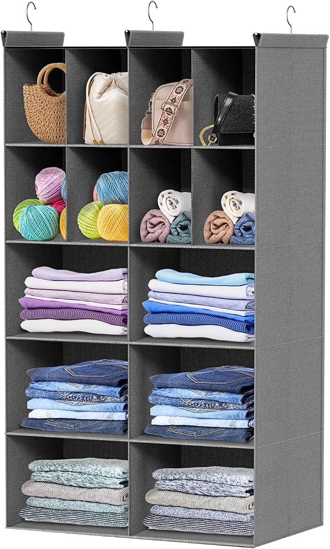 5 Tier Hanging Closet Organizer, 14 Compartments Dual Row Storage, Grey | Closet Organizers and Storage with Large & Small Pockets, 3 Sturdy Hooks Support Heavy Loads, Ideal for Dorm, Garment Rack by Ofiray-home