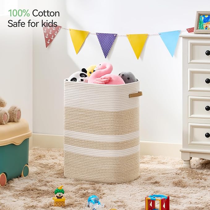 Nunsino Laundry Hamper,Laundry Basket with Leather Handles,Woven Storage Basket for Toys,Pillows,Blankets,Clothes,Brown&White - Image 3