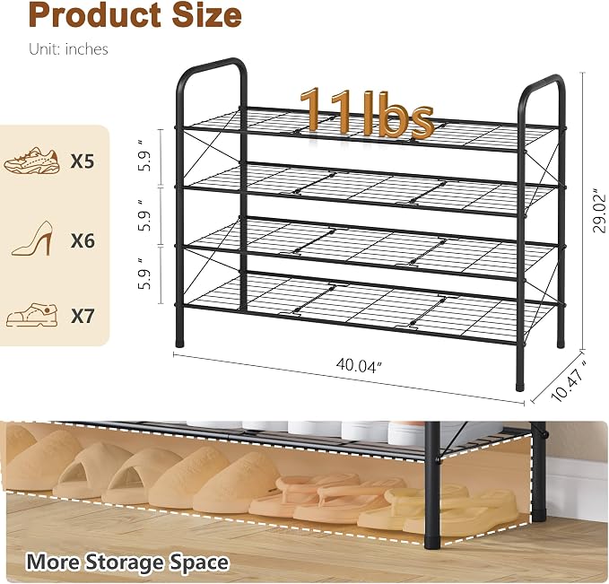 Hoctieon 4 Tier Mesh Style Shoe Rack, Entryway Shoe Shelf, Shoe Storage Organizer, Shoe Rack for Closet, Space Save for Bathroom, Garage, Hallway, Bedroom, Living Room, Black - Image 3