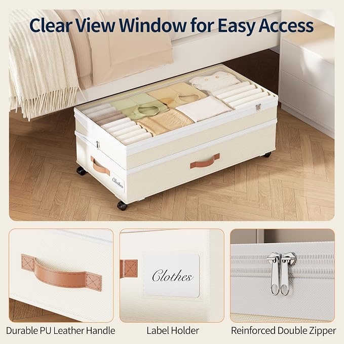Yecaye 90L Under Bed Storage with Wheels, Height Adjustable, 2 Pack, Beige - Image 5