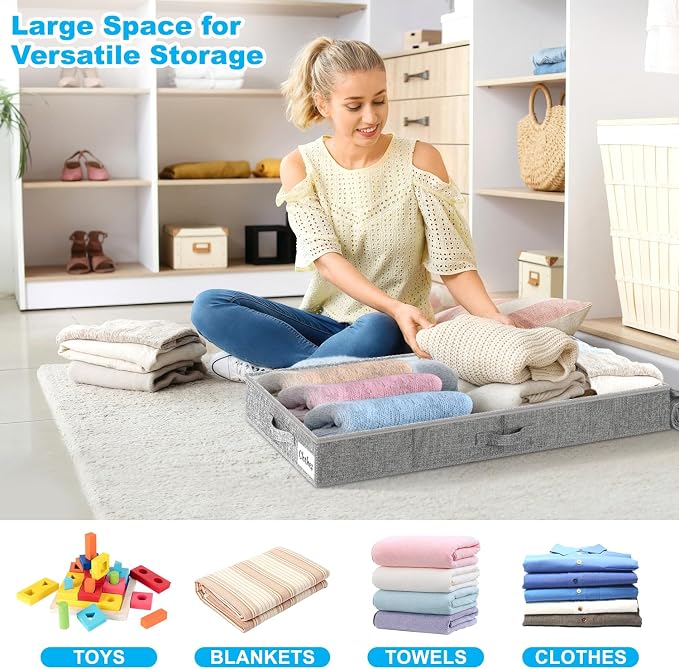 Under Bed Storage Container Bins 4 Pack, 4 Inch Thin Low Profile Underbed Clothes Storage Organizer for Dorm & Home, Use for Blanket and Toy Storage Box W/ Sturdy Bottom/Sides, Foldable Thick Fabric - Image 4