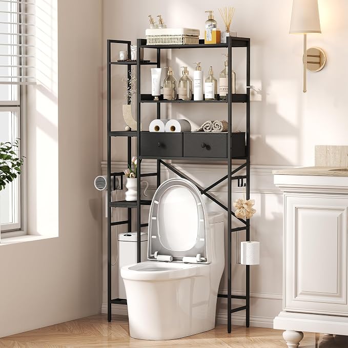 Quikraen 7-Tier Over the Toilet Storage Shelf, Large Bathroom Organizer with 2 Fabric Drawers, 4+3 Adjustable Side Shelves, Sturdy Freestanding Space Saver Rack with Hooks for Bedroom, Laundry, Black by Quikraen