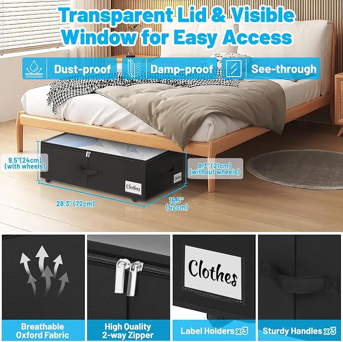 Under Bed Storage with Wheels, 2-Pack 10" Height XXL 75L Rolling Storage Bins, Quick Assembly Underbed Shoe Storage Containers with Clear Lid & Label, Dorm Under Bed Drawers for Clothes, Shoes, Grey - Image 3