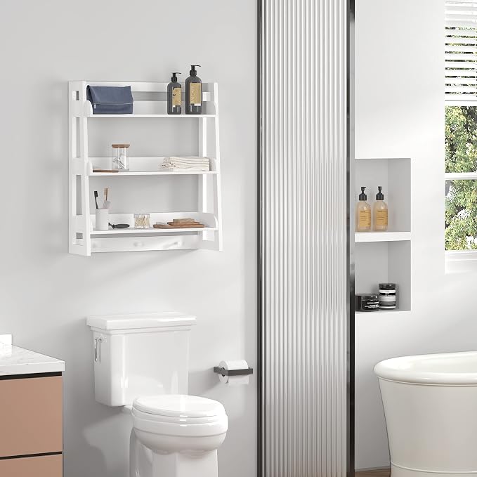 UTEX Bathroom Wall Shelf, 3-Tier Wall-Mounted Organizer with Hooks, White - Image 5