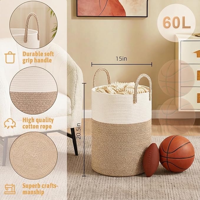 Artfeel Laundry Basket,Woven Cotton Rope Laundry Hamper,60L for Decor Storage of Dirty Clothes,Toys and Blankets in Bathroom,Baby Room and Living Room - Image 6