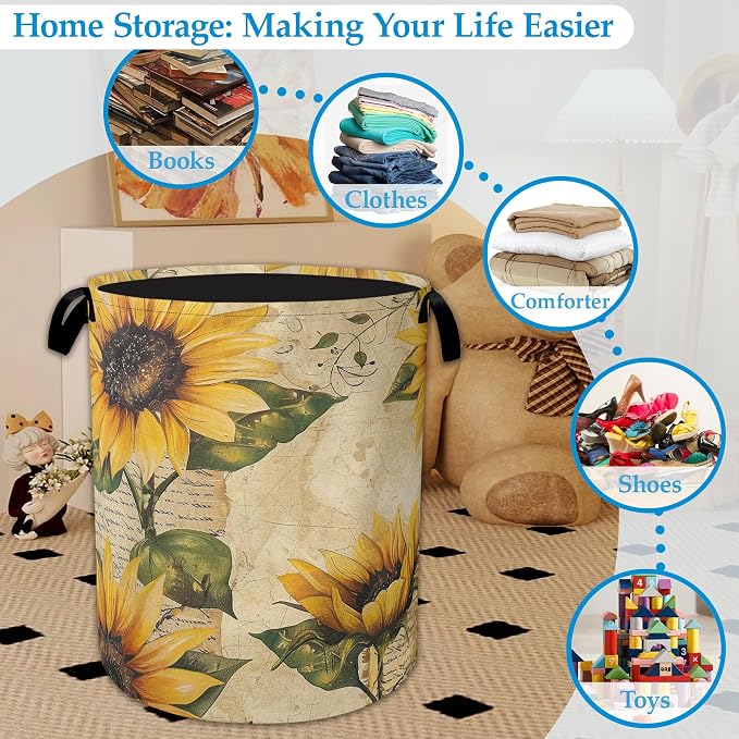 Vintage Sunflowers Laundry Basket Collapsible Laundry Hamper, Oxford Cloth Storage Bin for Room/Bathroom/Bedroom/Dormitories 16" X 20.8" - Image 5
