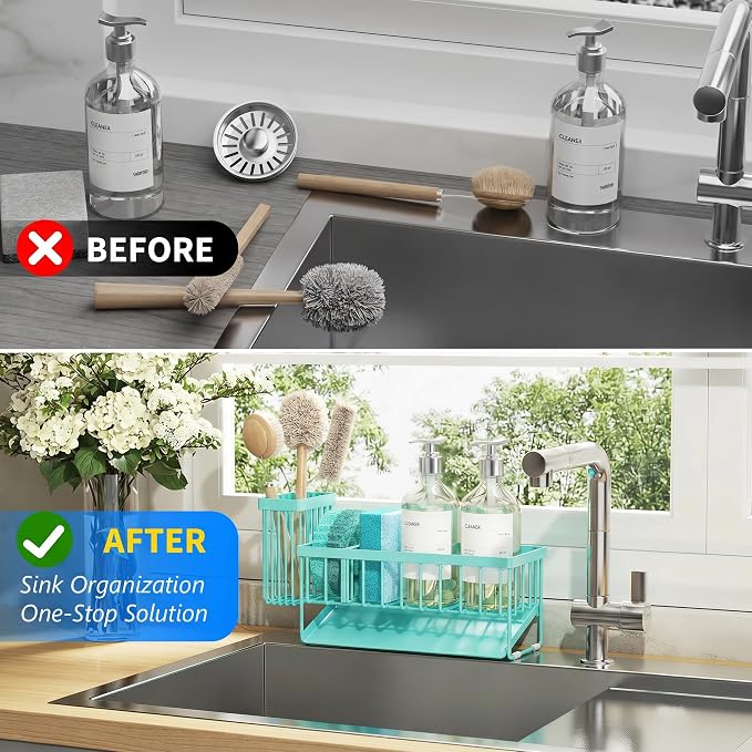 Cisily Kitchen Sink Caddy Organzier with High Brush Holder, Sponge Holder for Sink, 304 Rustproof Stainless, Kitchen Countertop Soap Dispenser Organizer (Turquoise, 9.25″) - Image 6