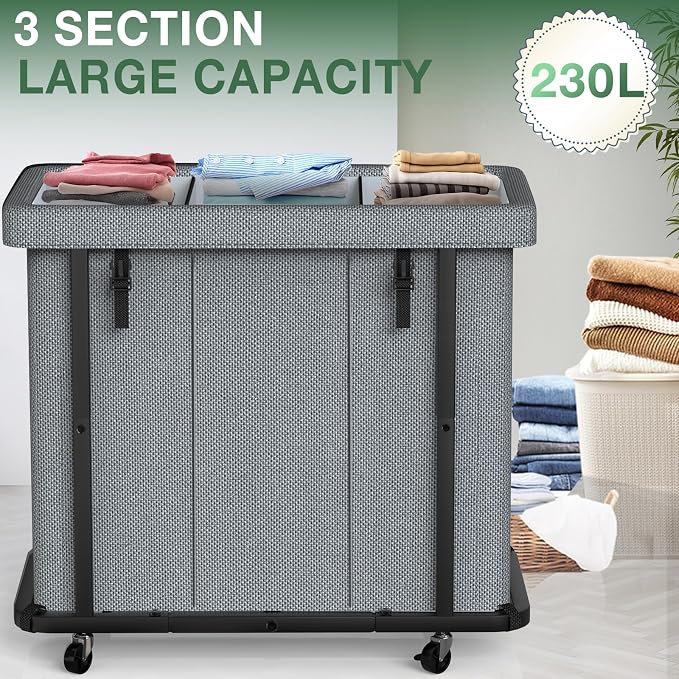 Laundry Basket with Lid,230L Rolling Laundry Hamper with Wheels,Grey - Image 2
