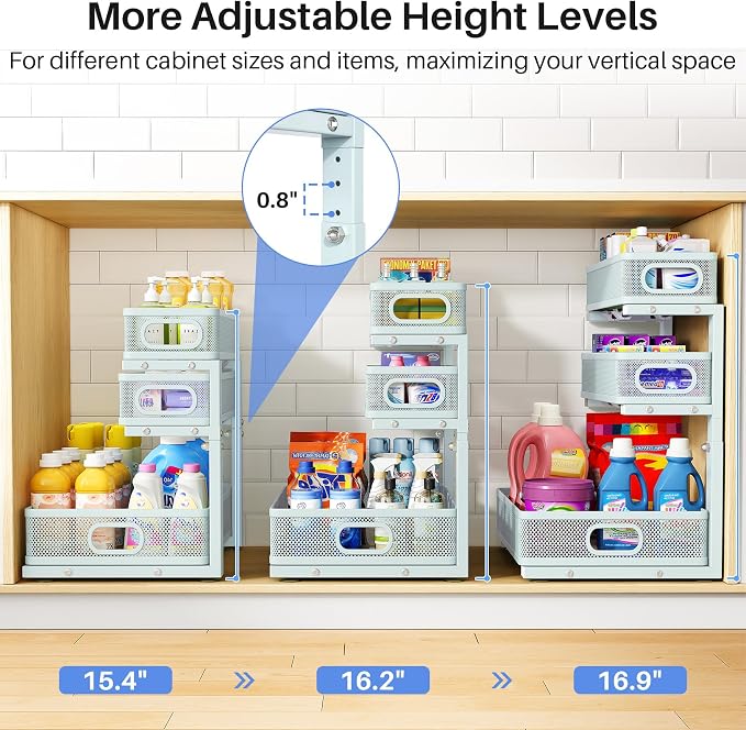 Under Sink Organizer, 3-Tier Thickened Metal Pull out Cabinet Organizer Shelf, Height Adjustable Slide out Storage Drawer Rack for Kitchen Bathroom Pantry Laundry Home, 2-Pack, LightBlue - Image 8