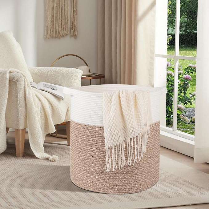 OIAHOMY 80L Laundry Basket Laundry Hamper Nursery Hamper Brown&White - Image 2