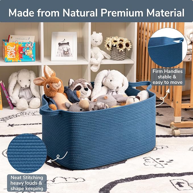 Goodpick Large Woven Rope Blanket Basket, Rectangle, Dark Blue - Image 6