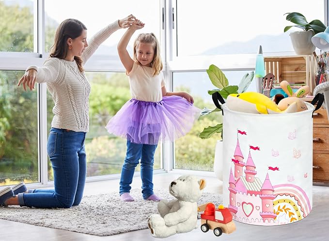 MAIZMZ Pink Castle Storage Bins Organizer Toy Box Laundry Basket Large Canvas Collapsible Chest for Home/Dorm/Kitchen/Pet/Office/Closet/Shelf/Gift Baskets - Image 2