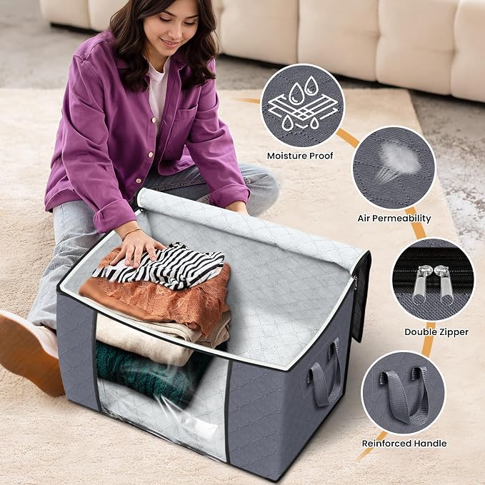 Fab totes 90L Clothes Storage, Foldable Thick Fabric Blanket Storage Bags | Foldable Containers with Zippers,Window and Handles for Organizing Bedroom, Closet, Comforter, Bedding,Dorm essentials - Image 4