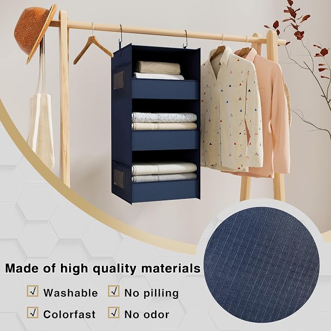 3-Shelf Hanging Closet Organizer and Storage, Foldable Hanging Closet Shelves Front Lip Design Washable Hanging Storage, Navy Blue - Image 4
