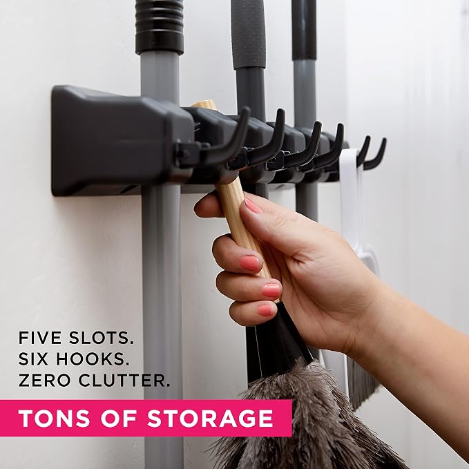 Combo 5 Slot Broom Holder w/ 1 Self Adhesive Mop Gripper No-Drilling, Wall Mount Tool Organizers For Kitchen, Garage, Laundry Room- Anti-Slip Hanger For Brooms, Mops, Rakes, Dustpans (Black / Black) - Image 8