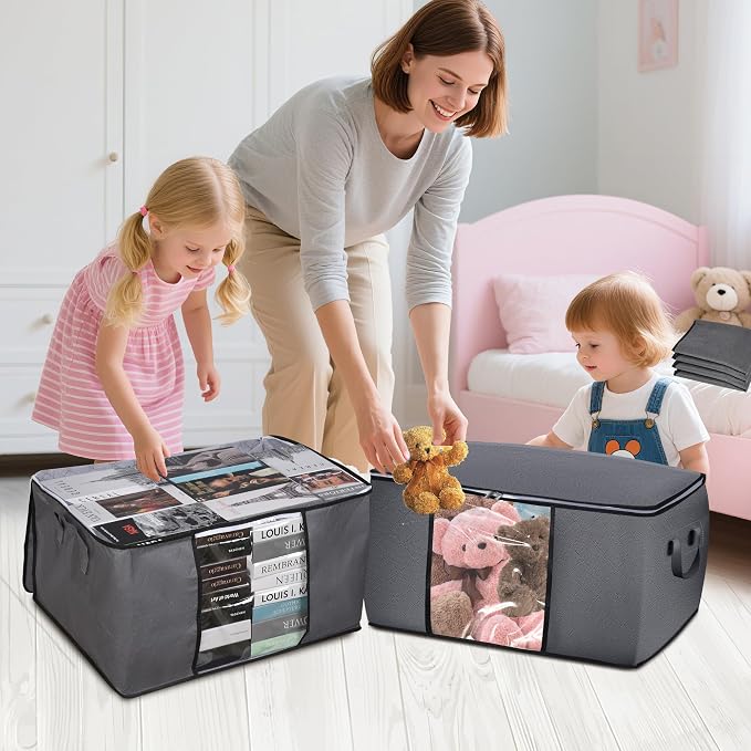 90L Large Blanket Storage Bags, 8 Pack Clothes Storage Bag Comforter Storage Bin with Reinforced Handle and Lid Foldable Closet Organizer and Storage Containers for Bedding Sheets and Duvet - Image 4