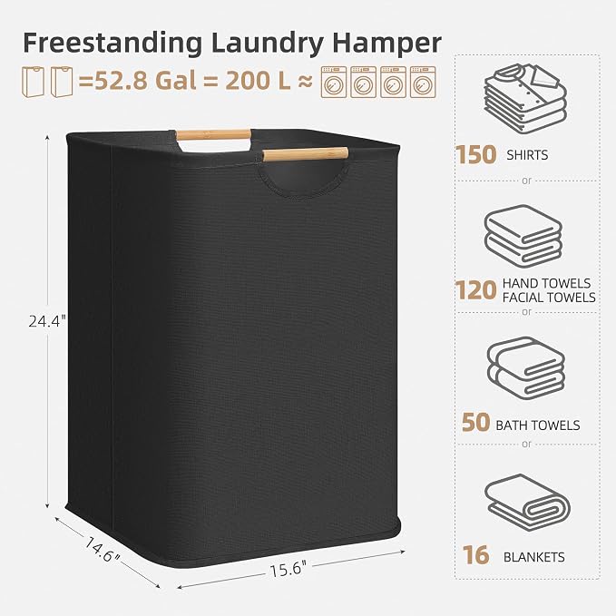 STORAGE MANIAC 2-Pack Large Laundry Hamper, 100L (26.4 Gal) Collapsible Laundry Basket with Bamboo Handles, Freestanding Waterproof Clothes Hamper for Bedroom, Dorm, Towels, Black+White - Image 4