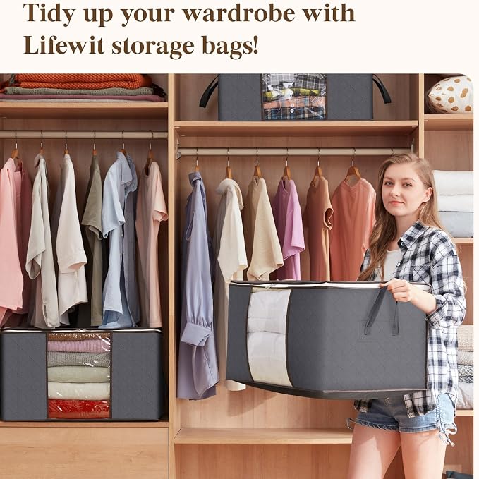 Lifewit 4 Pack 90L Clothes Storage Bins with Lids, Foldable Blanket Storage Bags with Zippers, Clear Window and Reinforced Handles, Closet and Organization for Clothing, Sweater, Comforter, Bedding - Image 10