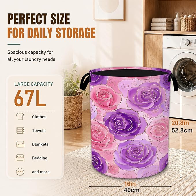 Decorative Foldable Laundry Basket with Handles, Pink Purple Rose Flower Oxford Clothes Hamper, 16 x 20.8 Inch Storage Basket for Bedroom Bathroom Laundry Room,20.8x16 Inch - Image 2