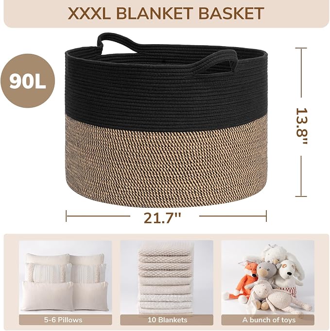 INDRESSME XXXLarge Woven Rope Blanket Basket Living Room Mix Black, 90L - Image 3