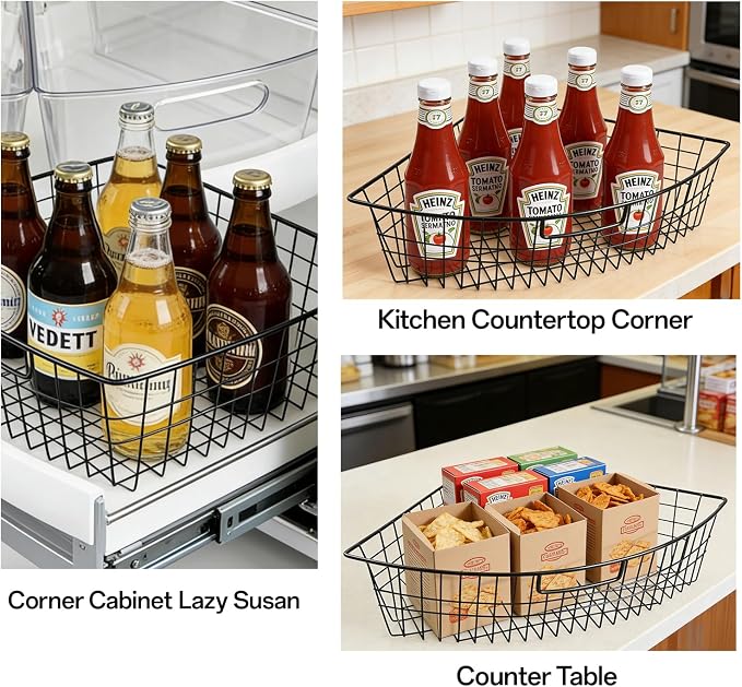 2 Pack 1/4 Wedge Metal Lazy Susan Organizer Baskets with Handles - Image 7