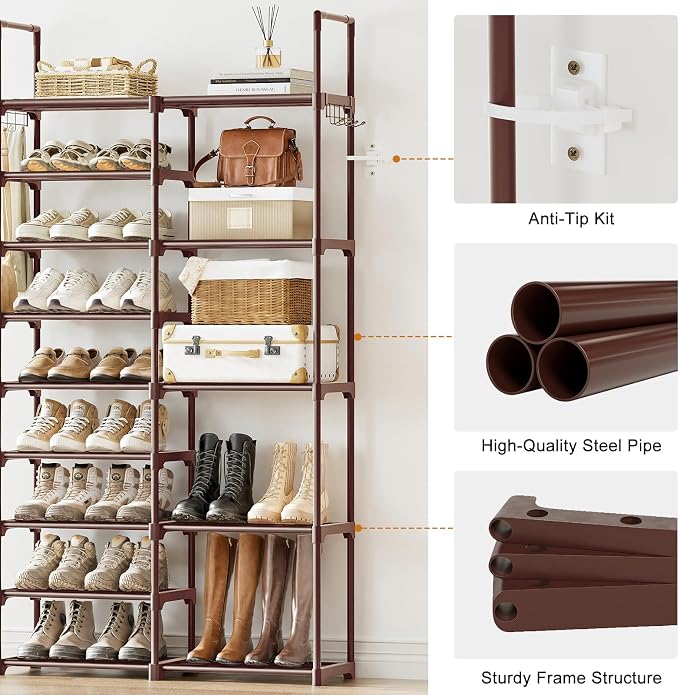 WOWLIVE 9 Tier 2-Column Shoe Rack, 30-35 Pairs Stackable Brown - Image 7