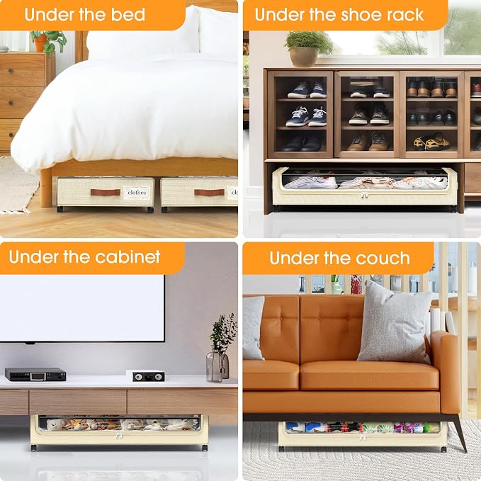 Under Bed Storage with Wheels 2Pack Storage Containers with Clear Window | Under Bed Drawers Rolling Under Bed Storage for Clothes,Shoes, Blankets (30.71 x 16.93 x 6.69 in, Beige) - Image 7