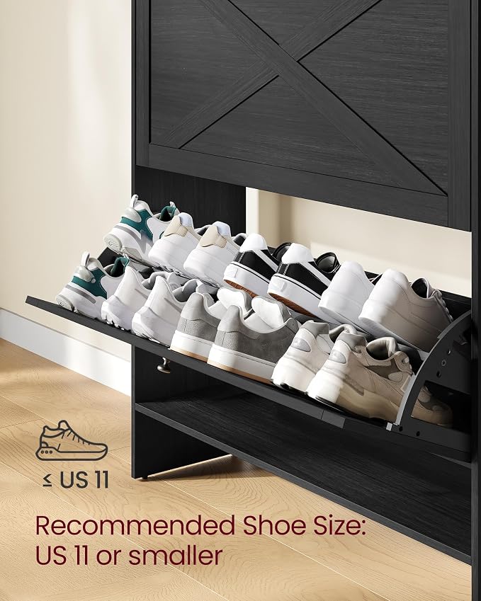 VASAGLE Narrow Shoe Storage Cabinet Organizer with 2 Flip Drawers | Freestanding Shoe Rack, Fits 14 to 16 Pairs, for Entryway, Farmhouse Style, Smoky Black, HAINS Collection UHSC203BJ01S - Image 5
