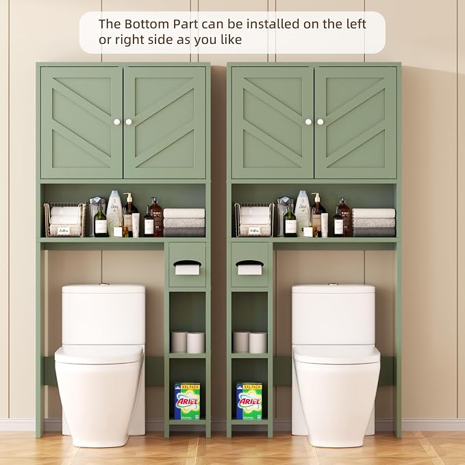 Shintenchi Over the Toilet Storage Cabinet, Bathroom Storage Cabient with Barn Doors, Bathroom Storage Shelf Organizer with Toilet Paper Holder, Adjustable Shelf and Anti-Tip Device, Green - Image 4