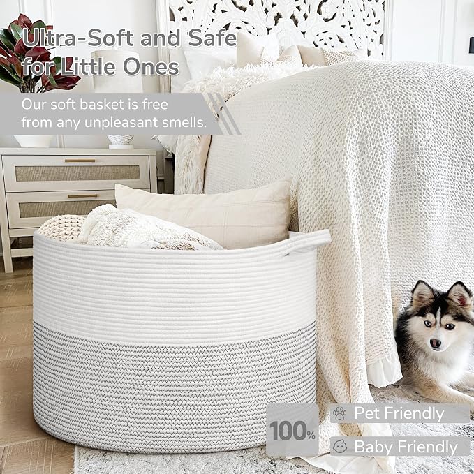 INDRESSME 115L Extra Large Woven Rope Blanket Basket Living Room, White - Image 5