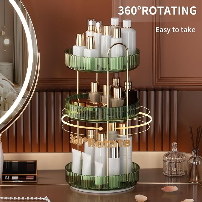 YCIA&DONE 360 Rotating Makeup Organizer and Storage for Vanity Countertop 3 Tiers, High Capacity Cosmetic Skincare Perfume Organizers for Dresser Bathroom Lazy Susan (Vintage Green) - Image 2