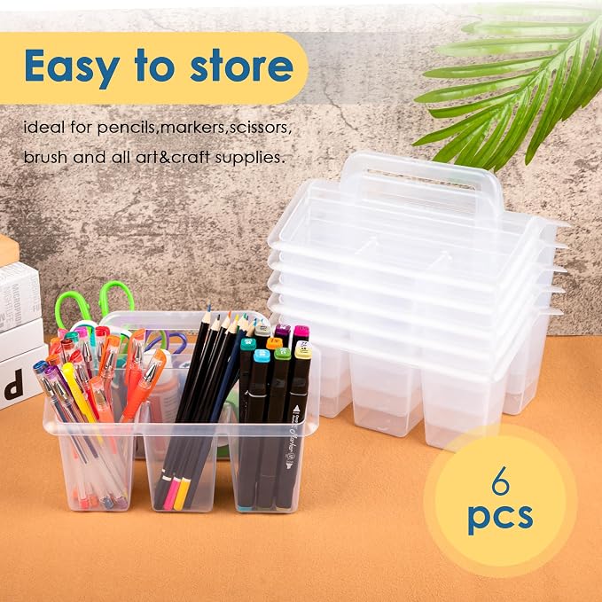 Plastic Caddy With Handle,Protable Classroom Craft Caddy, 6-pack Storage Caddy For Pencil,Pen,Craft Tools (Clear) - Image 4