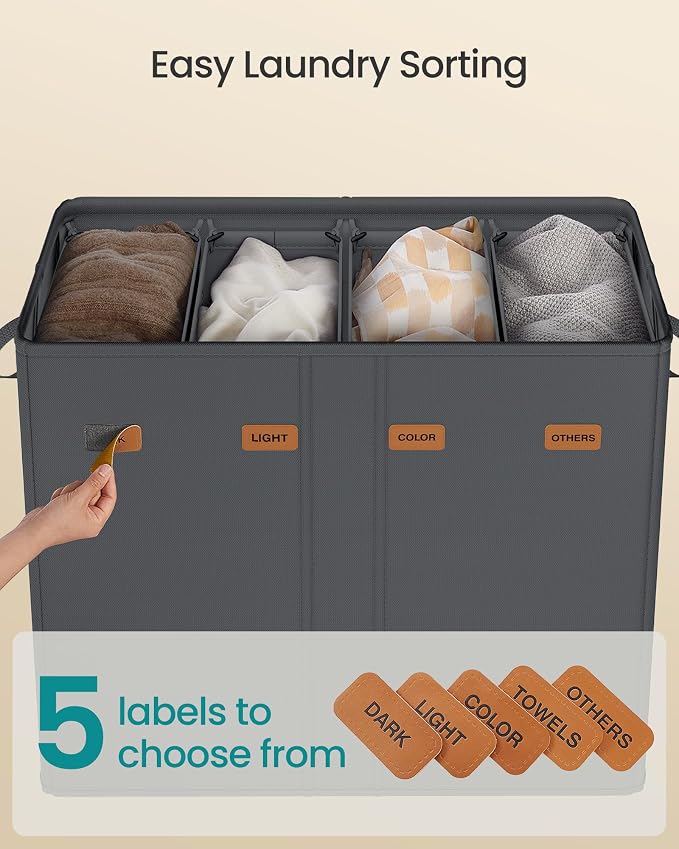 SONGMICS 210L Laundry Hamper, 4-Compartment Laundry Sorter with Lid - Image 4