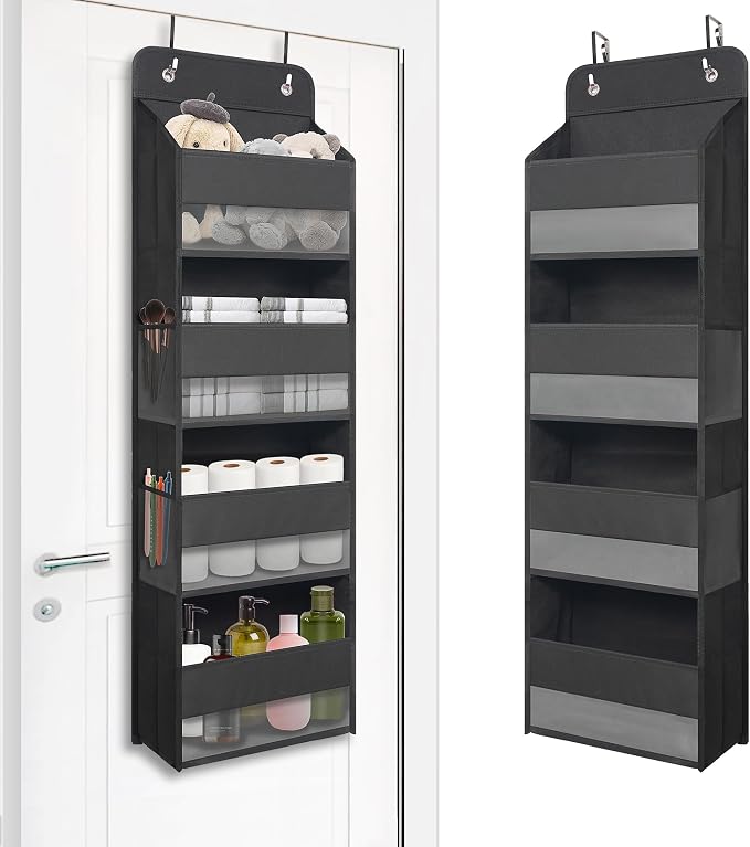 TYMENSH Black Over Door Organizer with 4 Large Clear Pockets, Compact Black Hanging Door Storage for Closet, Bathroom, Bedroom, Dorm, Nursery, Toys, Cosmetics, Baby Essentials by TYMENSH
