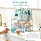 Vtopmart 8 PCS Bathroom Countertop Organizer, 1 Divided Tray with 4 Qtip Holder Jars and 3 Drawers, Restroom Clear Organizers for Toothbrush, Cotton Pads, Vanity Accessories Storage Set - Image 5