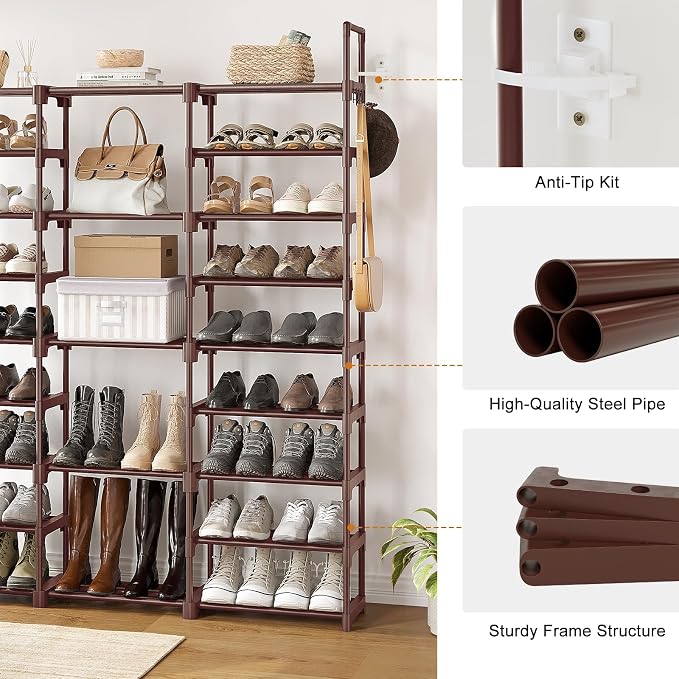 WOWLIVE 9 Tier 3-Column Shoe Rack, 50-55 Pairs Stackable Brown - Image 8