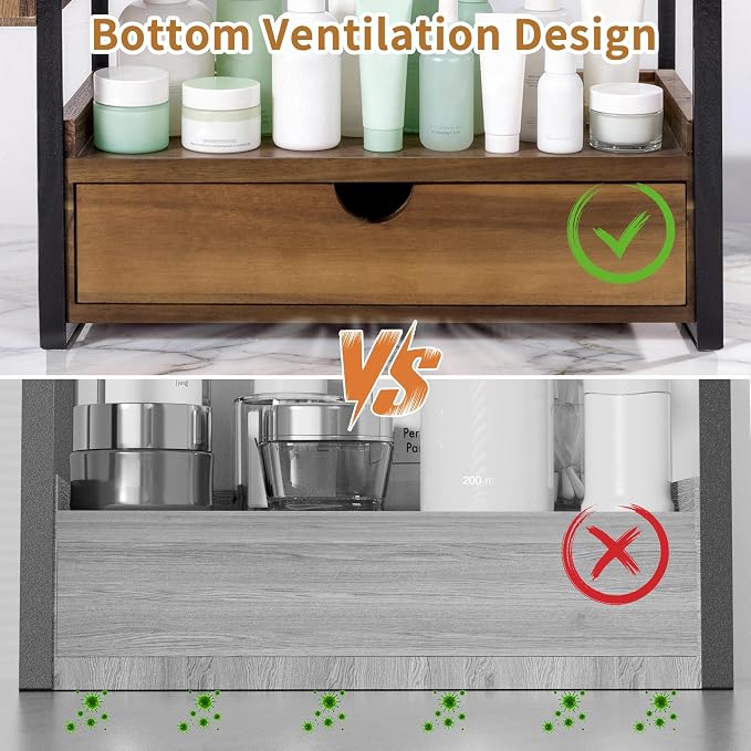 2-Tier Bathroom Counter Organizer, Acacia Wood Vanity Shelf with Drawer - Image 7
