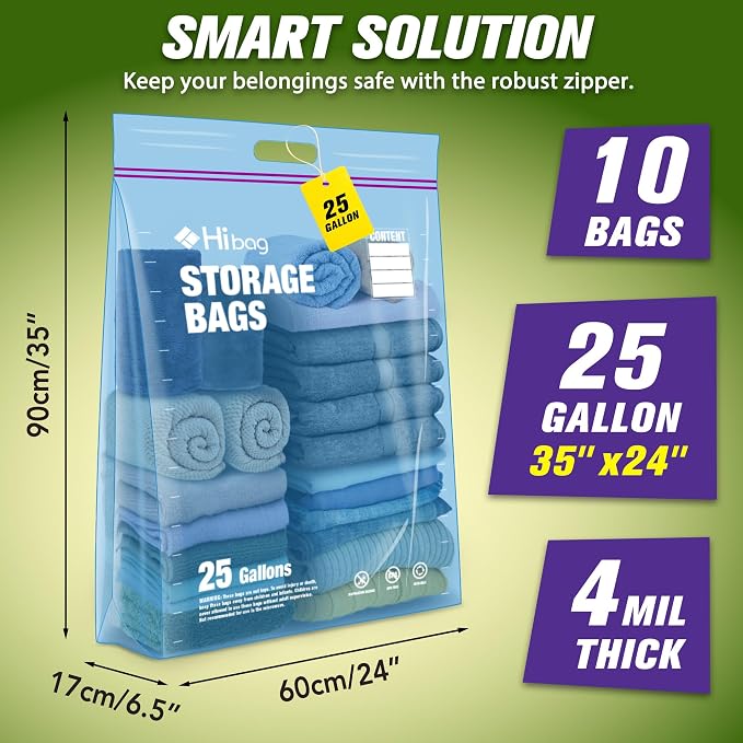 25 Gallon Large Storage Bags, 35” x 24” Jumbo Zipper Bags with Handle, Extra Large XL Zip Top Bags for Clothes Travel Moving, Blue, Pack of 10 - Image 2