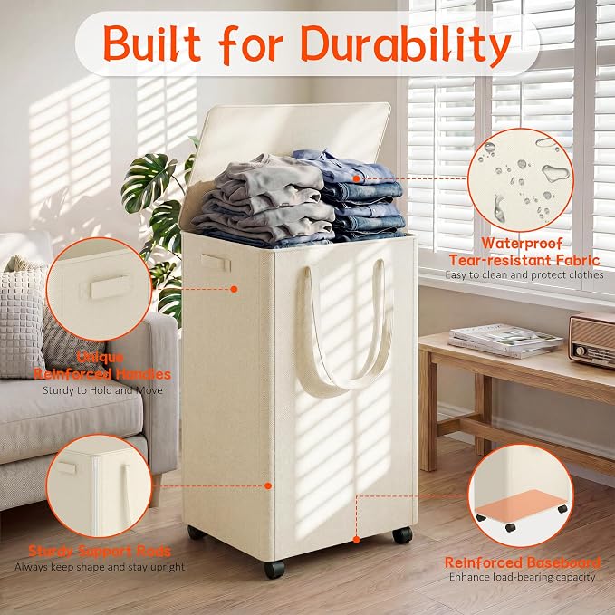 Slim Laundry Hamper with Wheels,25 Gal (95L) Rolling Laundry Basket with lid and wheels Clothes Hamper Foldable Tall Dirty Clothes Basket Sturdy Collapsible Clothes Hamper for Dorm,Laundry Room - Image 3