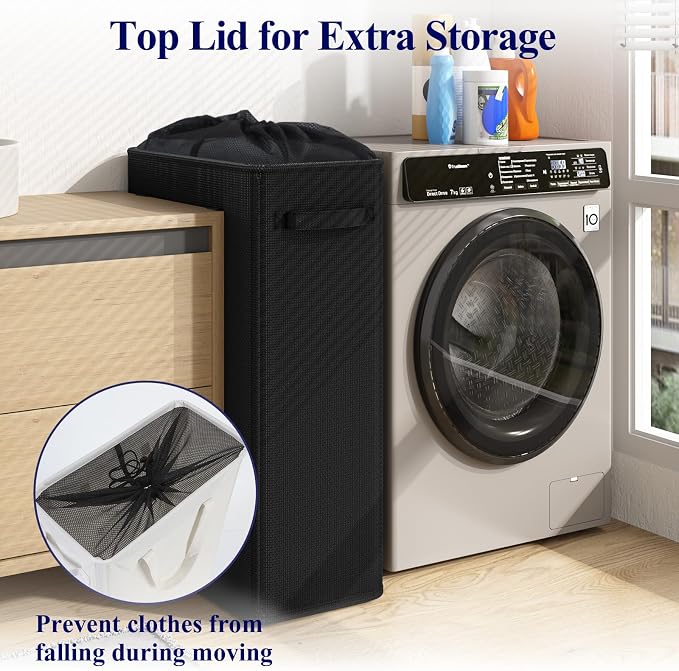 Optish 90L Slim Laundry Hamper, Large Laundry Basket With Handles, Black Narrow Laundry Basket for Dorm, Bedroom, Living Room, Collapsible Laundry Hamper - Image 4