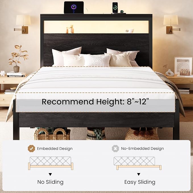 SHA CERLIN Twin Bed Frame, 2-Tier Storage Headboard, LED, Charging Station - Image 9