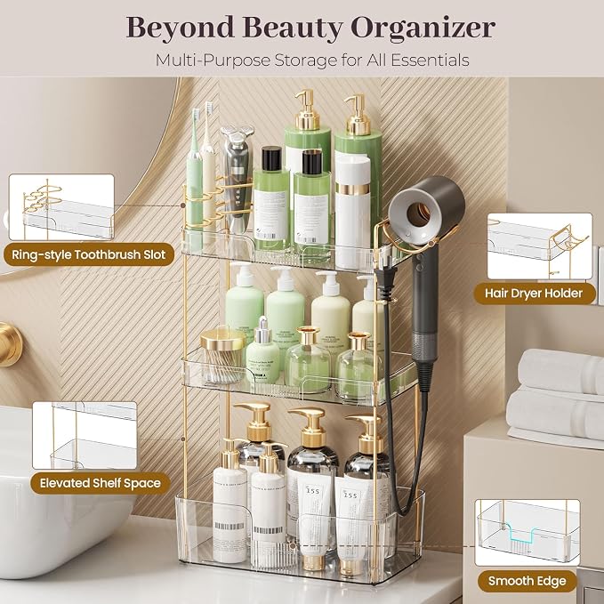 Aveniee Bathroom Counter Organizer Countertop, 3 Tier Makeup Perfume Storage with Hair Dryer Rack and Toothbrush Holder, Cosmetic Tray for Vanity - Clear - Image 3