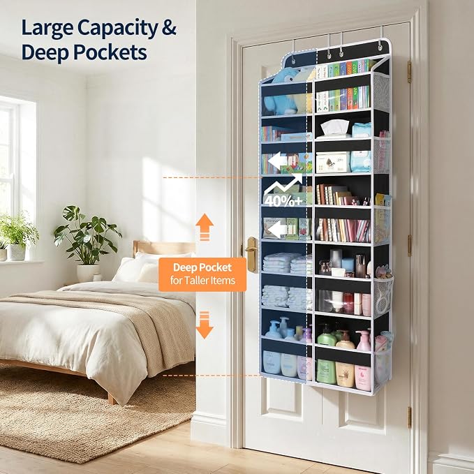 Yecaye 5 Tier Over The Door Organizer, Door Organizer with 10 Compartments | 20" W, Extra Large Behind Door Storage With 10 Side Pockets, 80lbs Heavy Duty, Clear Window, for Closet Bedroom Pantry, Black - Image 5